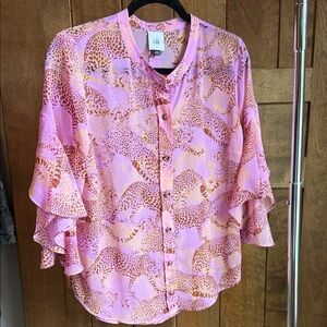 CAbi Pink and Gold minx Leopard Print Blouse